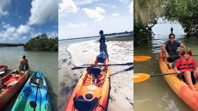 Sarasota water activities: Lido Key mangrove tunnels, beach views, and a family tandem kayak rental.