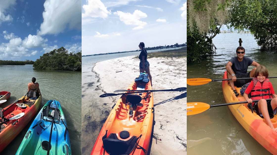 Sarasota water activities: Lido Key mangrove tunnels, beach views, and a family tandem kayak rental.