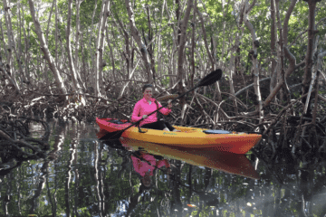 A woman smiling while paddling a kayak through a shaded red mangrove tunnel in Lido Key, Sarasota.
